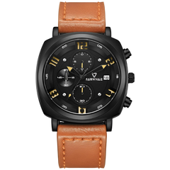 Black wristwatch with brown leather strap on a white background