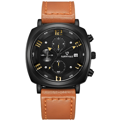 Black wristwatch with brown leather strap on a white background