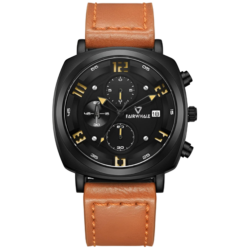 Black wristwatch with brown leather strap on a white background