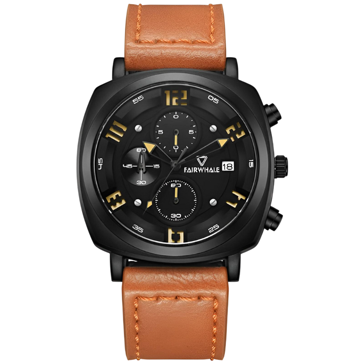 Black wristwatch with brown leather strap on a white background