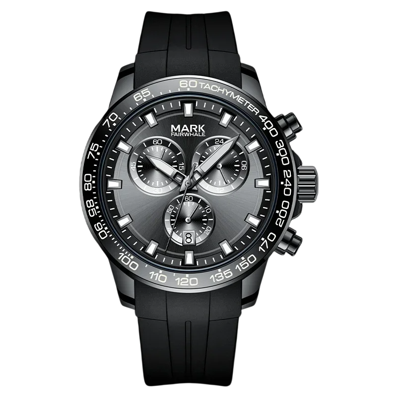 Black wristwatch with detailed face on a white background