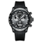 Black wristwatch with detailed face on a white background