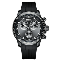 Black wristwatch with detailed face on a white background