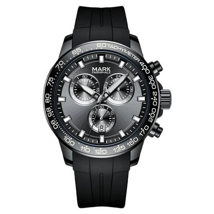 Black wristwatch with detailed face on a white background