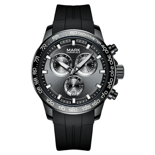 Black wristwatch with detailed face on a white background