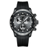 Black wristwatch with detailed face on a white background