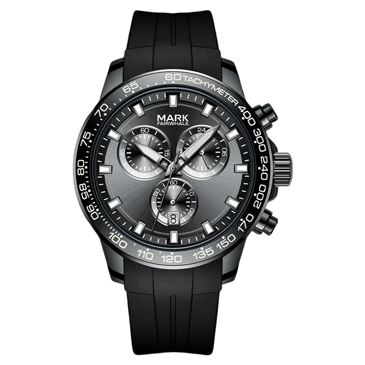 Black wristwatch with detailed face on a white background