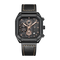 Black wristwatch with detailed face on a white background