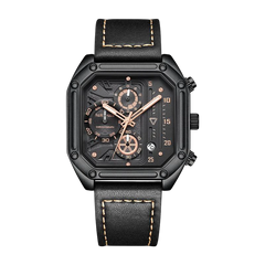 Black wristwatch with detailed face on a white background