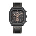 Black wristwatch with detailed face on a white background