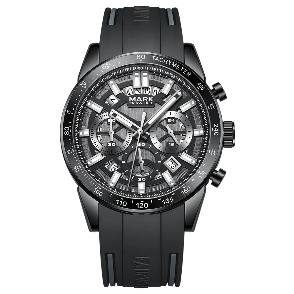 Black wristwatch with detailed face on a white background