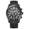 Black wristwatch with detailed face on a white background