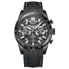 Black wristwatch with detailed face on a white background