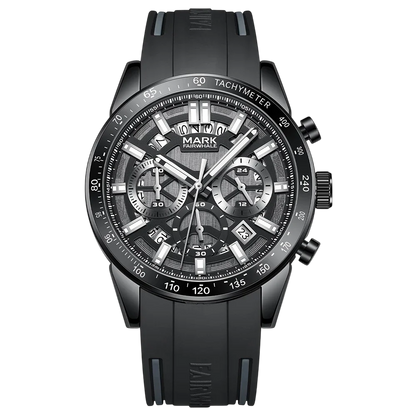 Black wristwatch with detailed face on a white background