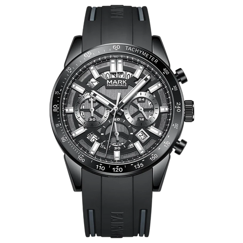 Black wristwatch with detailed face on a white background