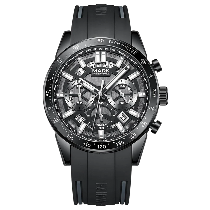 Black wristwatch with detailed face on a white background