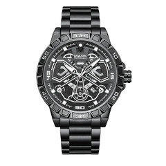 Black wristwatch with detailed design on a white background