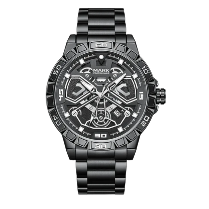 Black wristwatch with detailed design on a white background