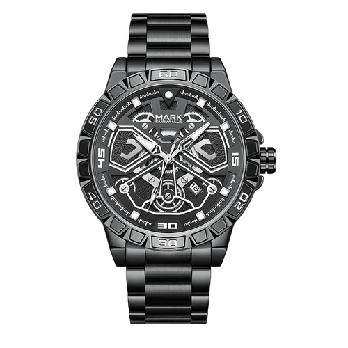 Black wristwatch with detailed design on a white background