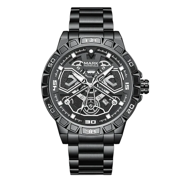 Black wristwatch with detailed design on a white background