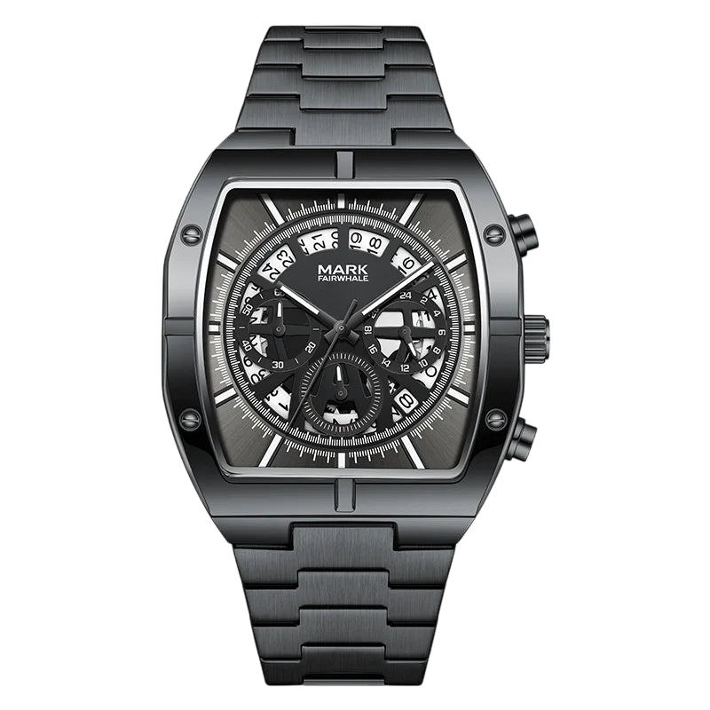 Black wristwatch with detailed face on a white background