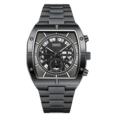 Black wristwatch with detailed face on a white background
