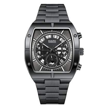 Black wristwatch with detailed face on a white background