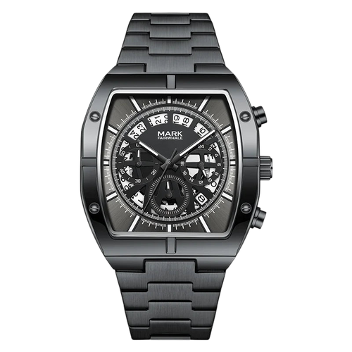 Black wristwatch with detailed face on a white background