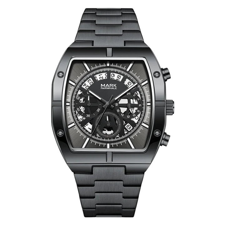 Black wristwatch with detailed face on a white background