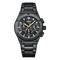 Black wristwatch with detailed face on a white background