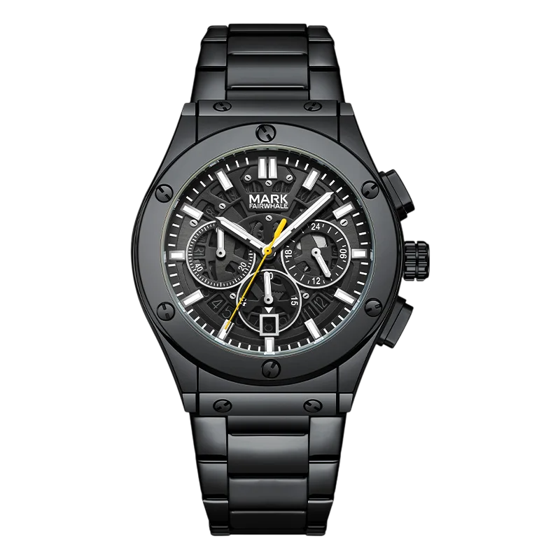 Black wristwatch with detailed face on a white background