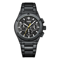 Black wristwatch with detailed face on a white background