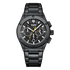 Black wristwatch with detailed face on a white background