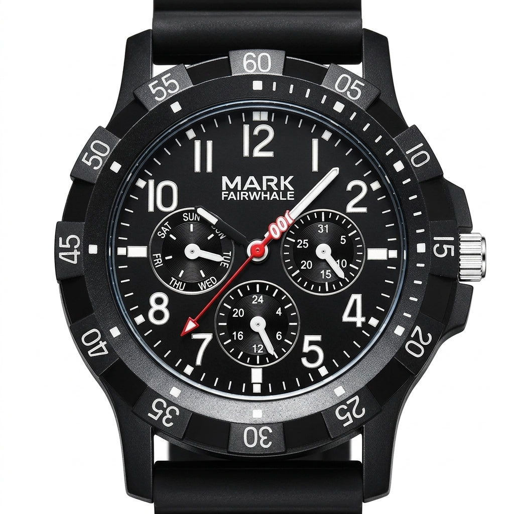 Black wristwatch with detailed face and Mark Fairwhale branding on a white background