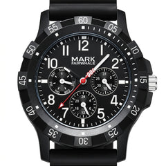 Black wristwatch with detailed face and Mark Fairwhale branding on a white background