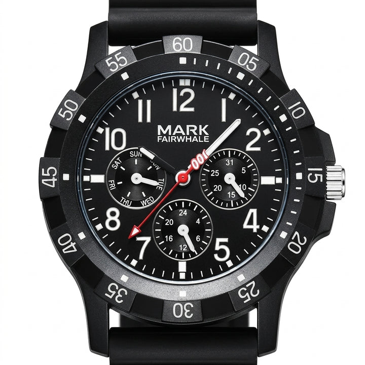 Black wristwatch with detailed face and Mark Fairwhale branding on a white background