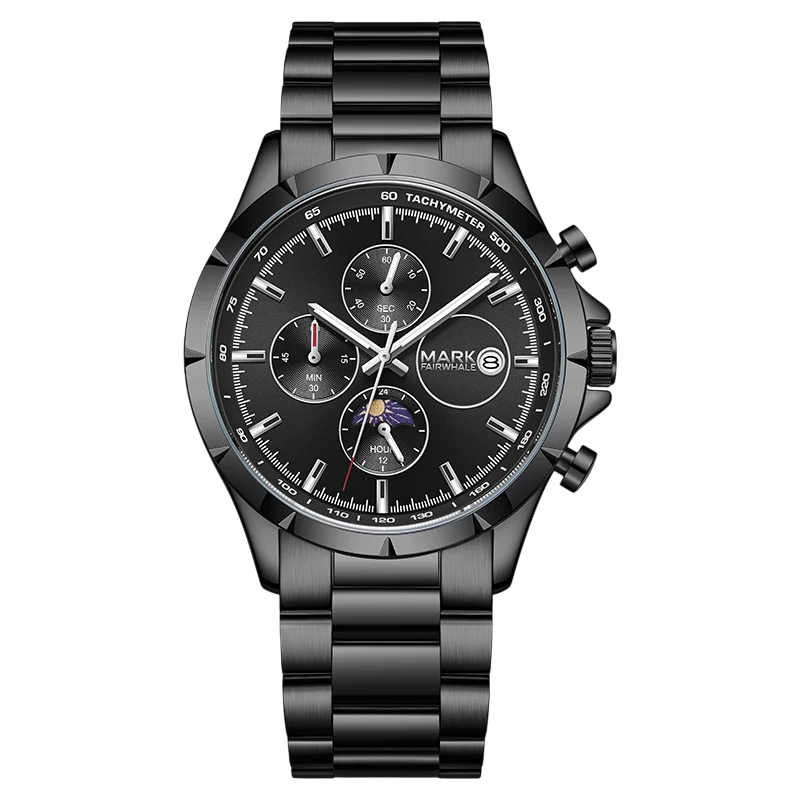 Black wristwatch with detailed face on a white background