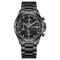 Black wristwatch with detailed face on a white background