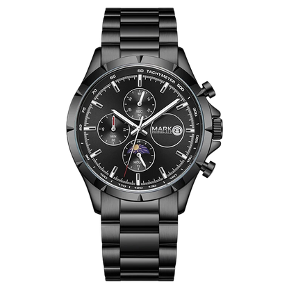 Black wristwatch with detailed face on a white background