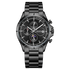 Black wristwatch with detailed face on a white background