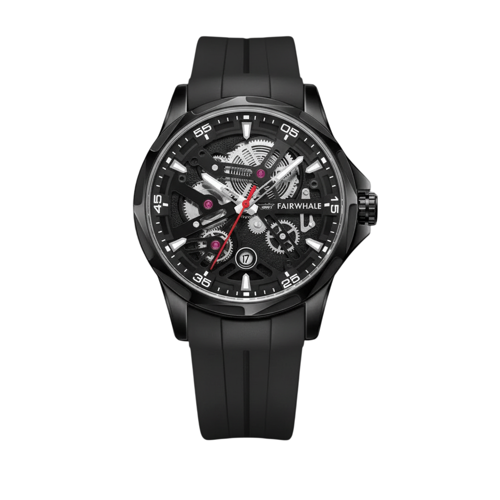 Black wristwatch with detailed face on a white background
