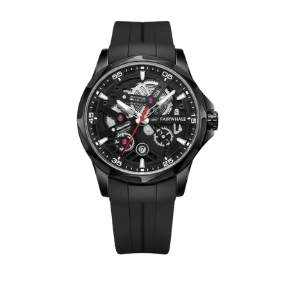 Black wristwatch with detailed face on a white background