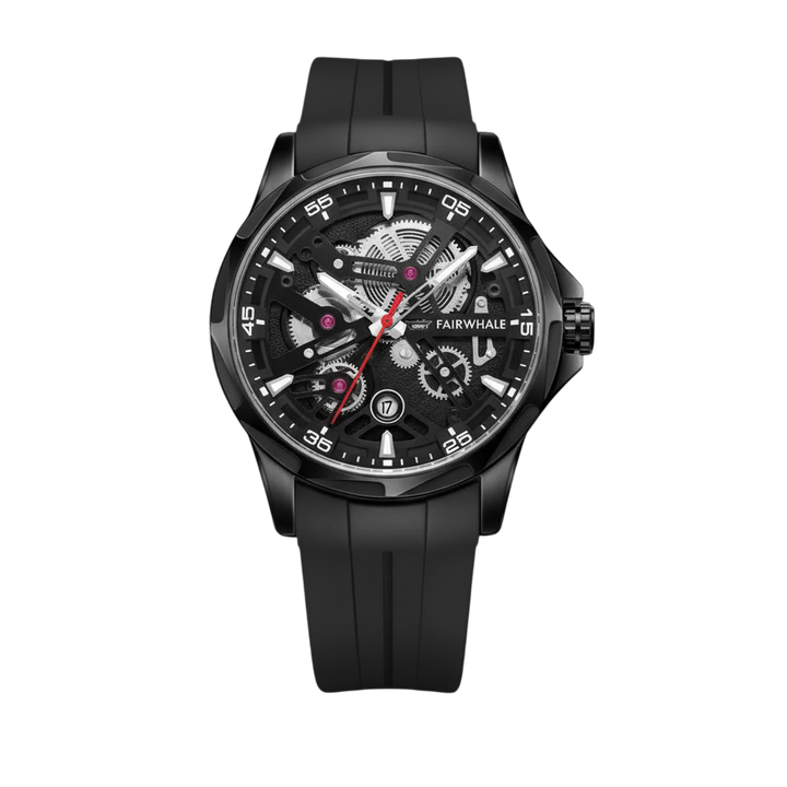 Black wristwatch with detailed face on a white background