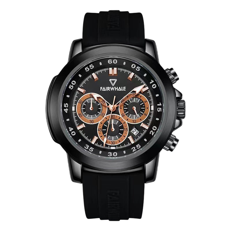 Black wristwatch with detailed face on a white background, brand &