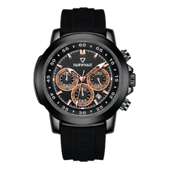 Black wristwatch with detailed face on a white background, brand 'Fairwhale' visible.