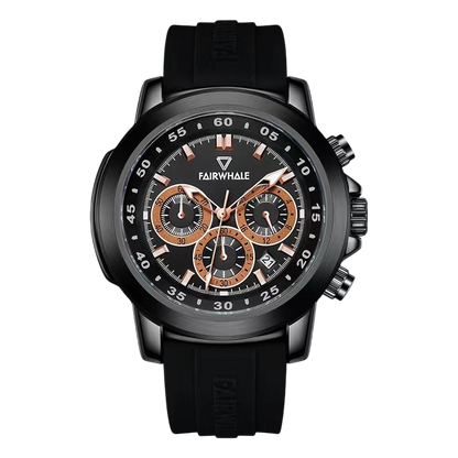 Black wristwatch with detailed face on a white background, brand &