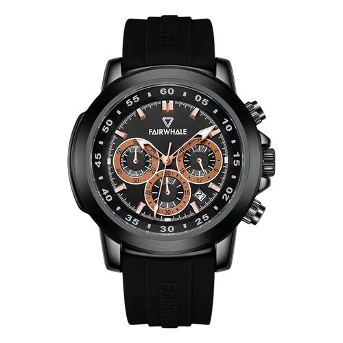 Black wristwatch with detailed face on a white background, brand &