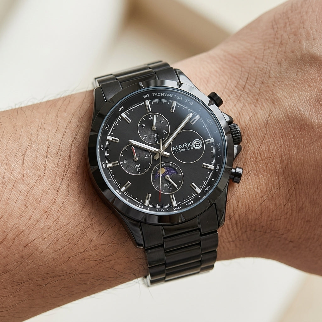 Black wristwatch with detailed face on a wrist against a neutral background