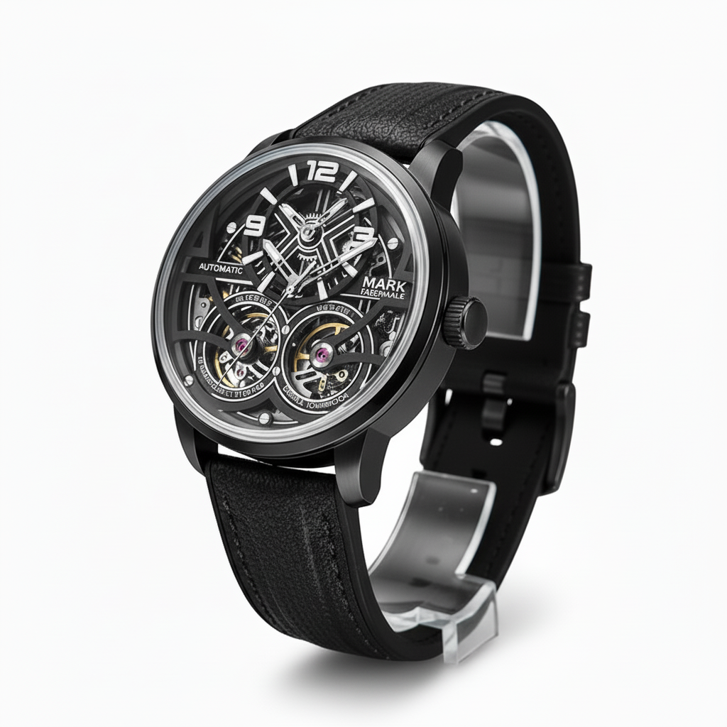 Black wristwatch with detailed mechanical components on a white background