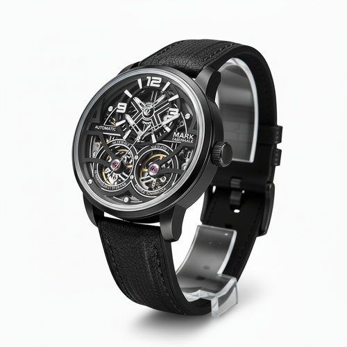 Black wristwatch with detailed mechanical components on a white background